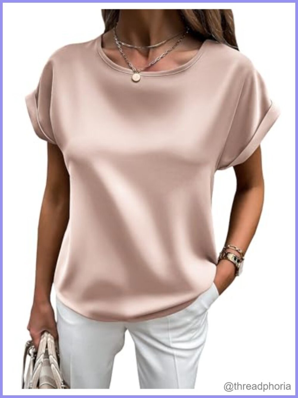 Satin Pullover Short Sleeve Blouse Crewneck Loose Fit Casual Top